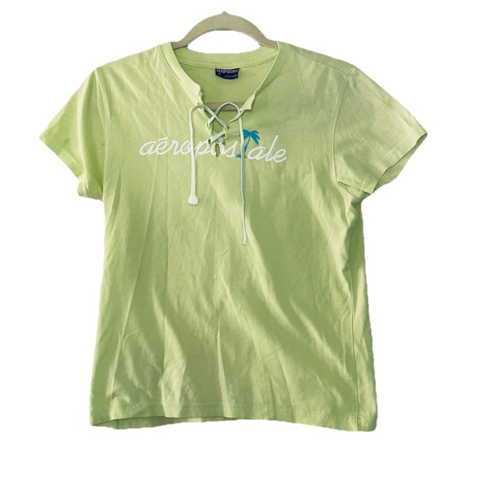 Y2K Aeropostale Spell Out T-Shirt Palm Tree Lace Up Green Small‎ Beach Vtg Tee